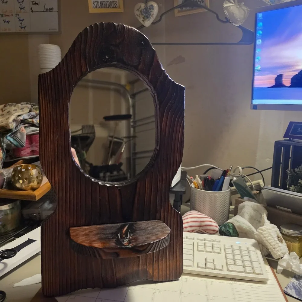 Vintage Cottagecore Wooden Wall Lantern Shelf Mirror Grandma Core Rustic Decor